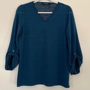 Lisette L Montreal Blue Semi Sheer Top V Neck 3/4 Sleeves Roll Up Tab Medium